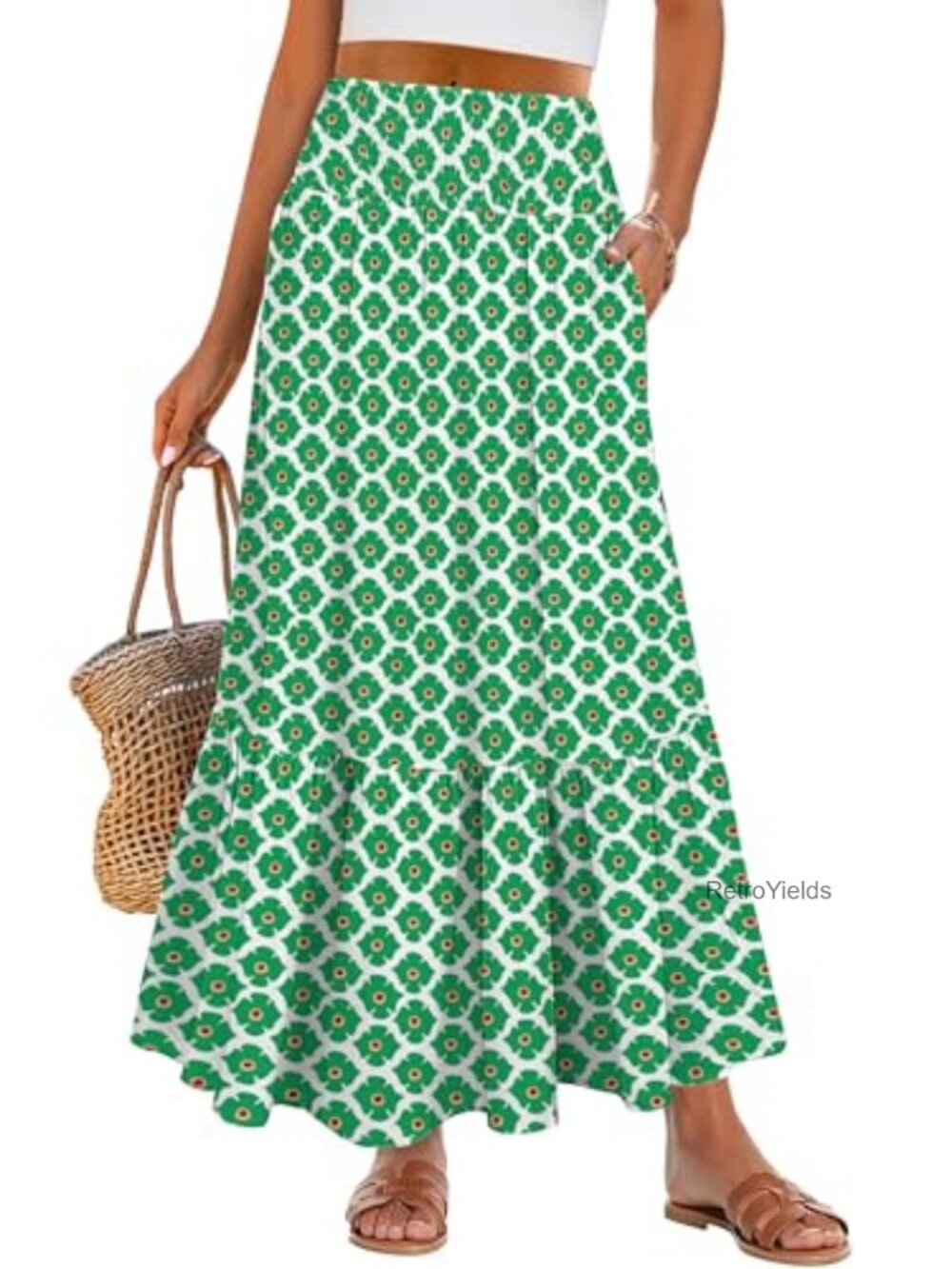 Boho Floral Maxi Skirt High Waisted Tiered Ruffle Hem Pockets